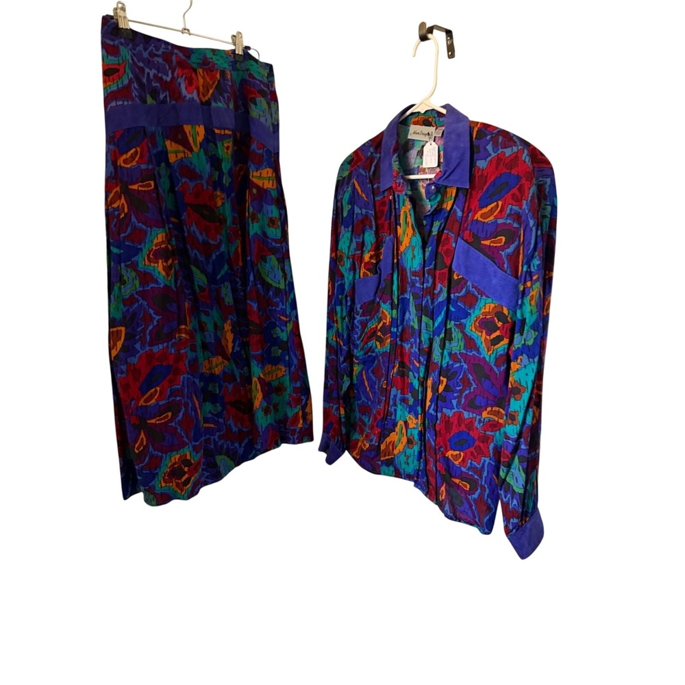 Adam Douglass Vintage 2 Piece Skirt Set Purple Abstract Floral Rayon Size 14